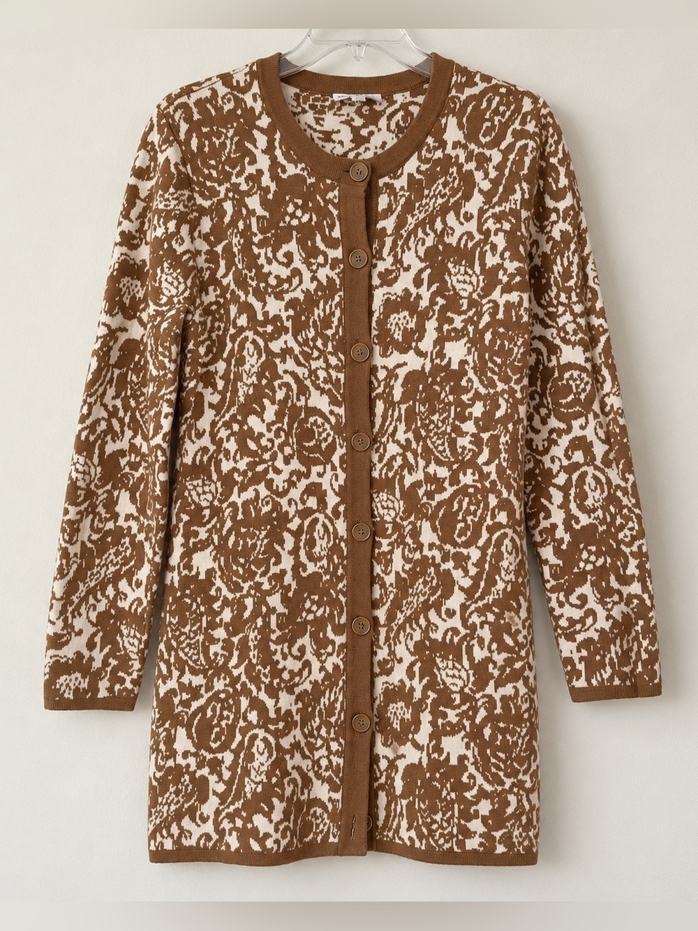 Taupe Cream Jacquard Layer Cardigan Elegant Work to Dinner Sweater EUC S #2384